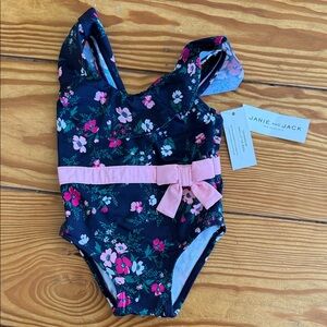 Janie and Jack Black Floral One-Piece Swimsuit with Pink Bow
